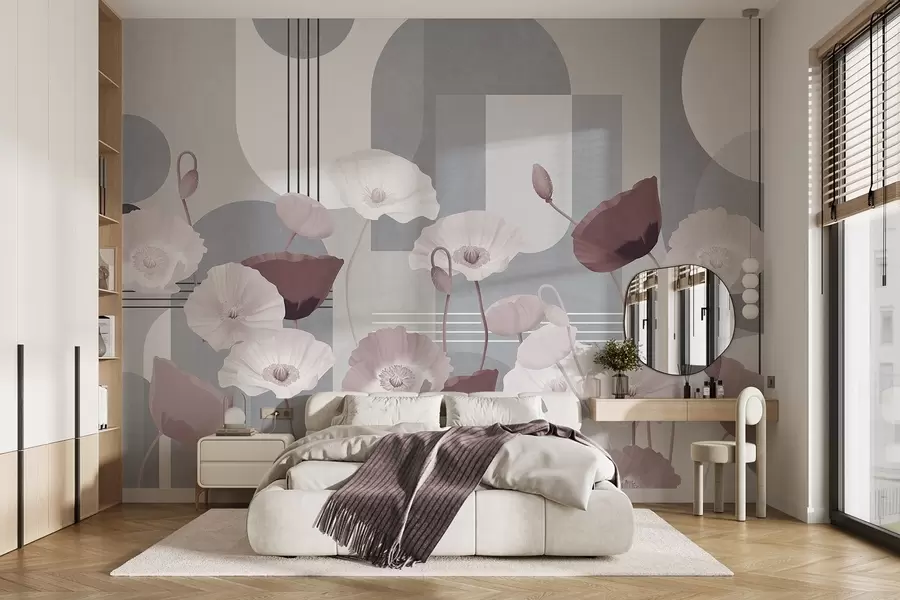 zidne murale Makovi u bijeloj i sivoj boji s geometrijskim oblicima u pozadini, krugovima i lukovima, minimalistički stil, meke boje w09289v1