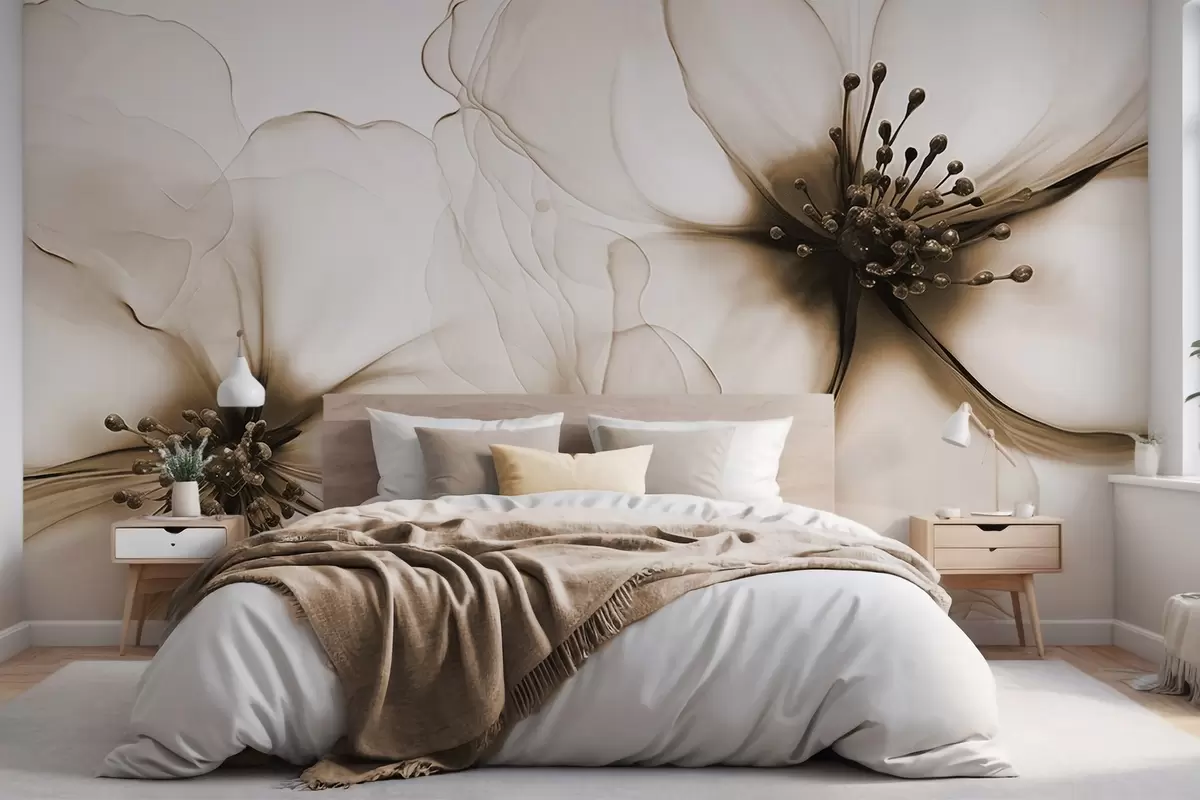 zidne murale Dva prozirna teksturirana smeđa cvijeta s vidljivim prašnicima, preklapajućim nježnim laticama i mekom, tekućom teksturom w09295