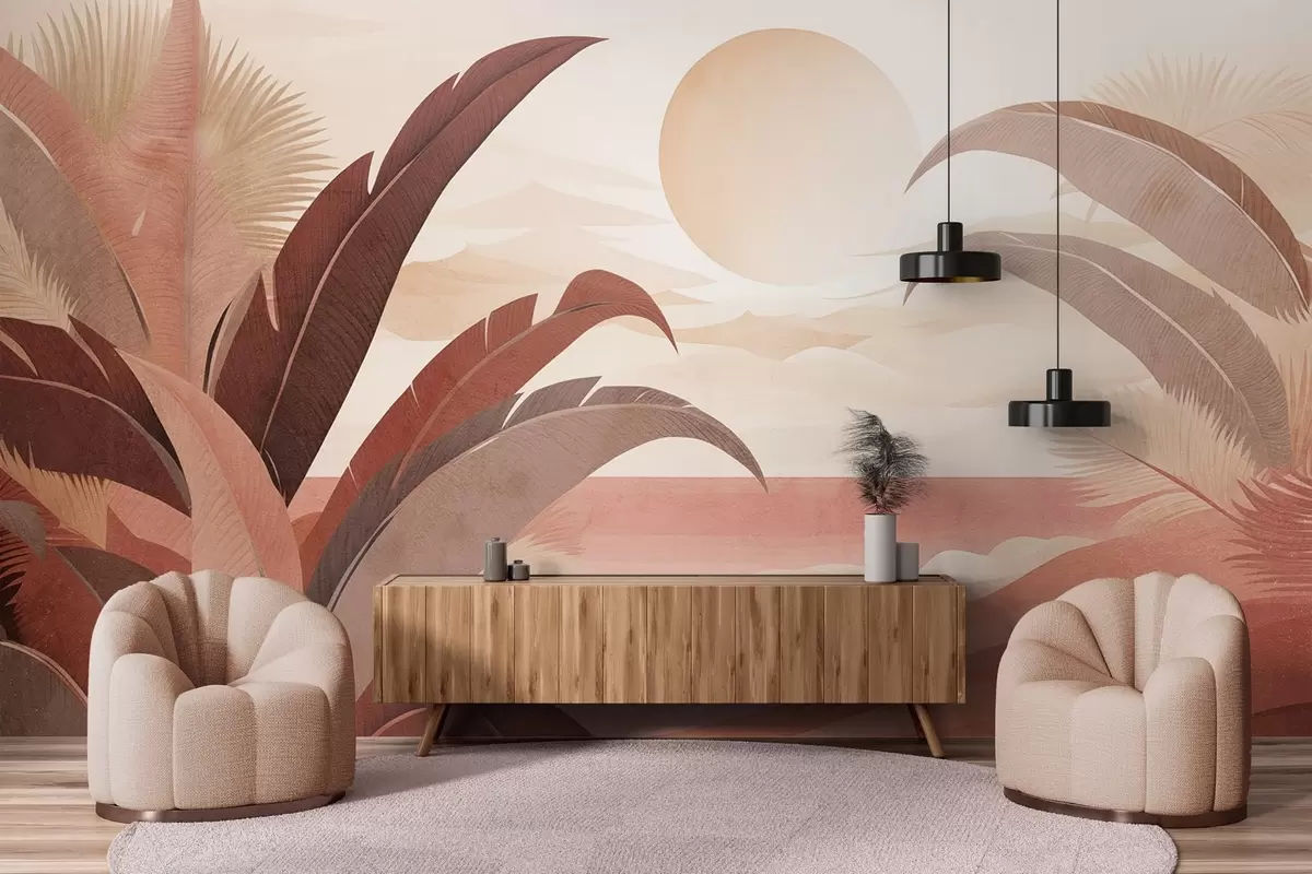 zidne murale Tropski teksturirani apstraktni krajolik s palminim lišćem i velikim suncem na nebu, topla paleta boja, minimalistički stil, stilizirano w09296