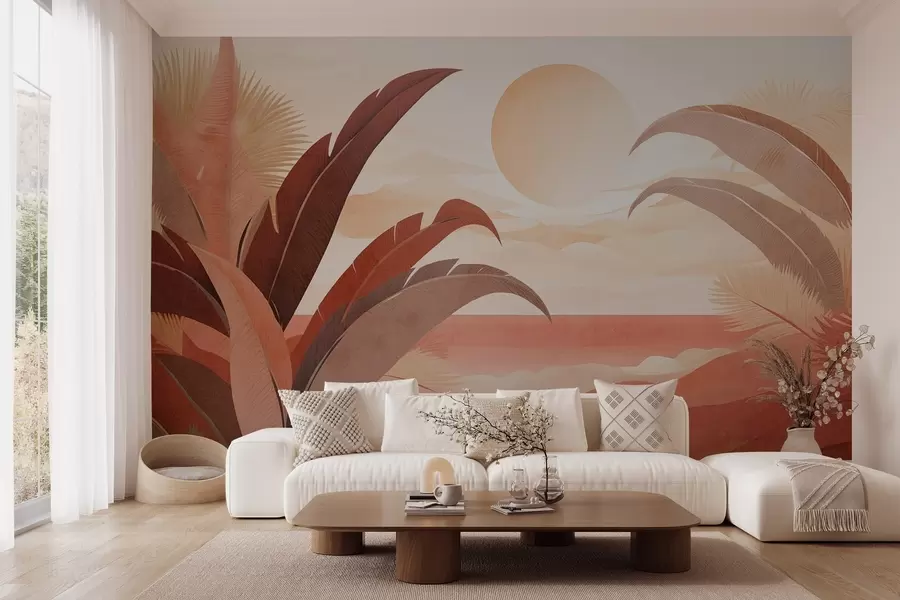 zidne murale Tropski teksturirani apstraktni krajolik s palminim lišćem i velikim suncem na nebu, topla paleta boja, minimalistički stil, stilizirano w09296