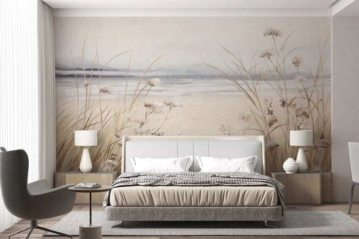 zidne murale Polje pšenice s bijelim cvijećem u prvom planu, plaža i ocean u pozadini, neutralne pastelne prigušene boje w09298
