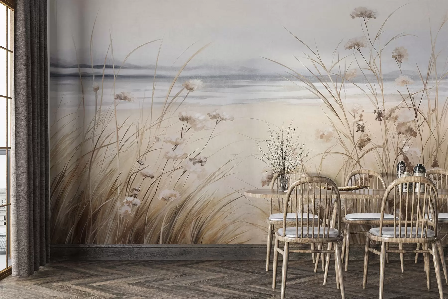 zidne murale Polje pšenice s bijelim cvijećem u prvom planu, plaža i ocean u pozadini, neutralne pastelne prigušene boje w09298
