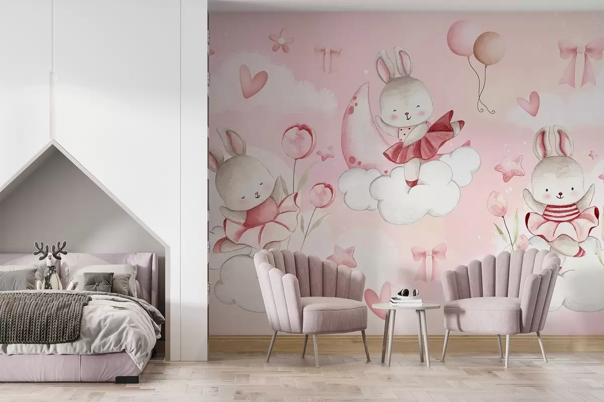 zidne murale Zečevi u ružičastim baletnim haljinama na oblacima w04333