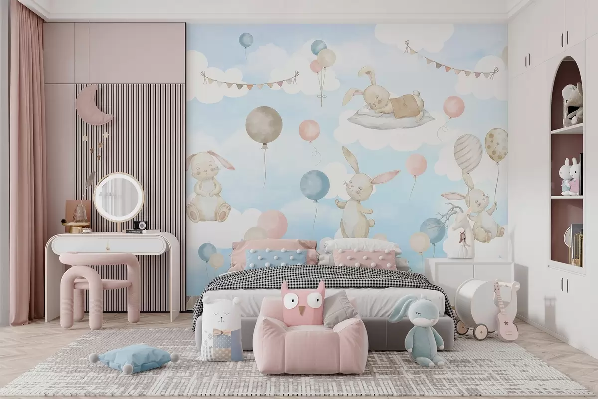 zidne murale Zečevi s balonima na oblacima w04337