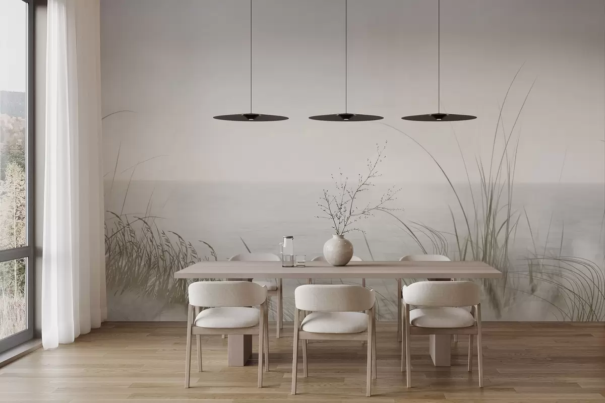 zidne murale Maglovita obala s nježnim travama u prvom planu w04339