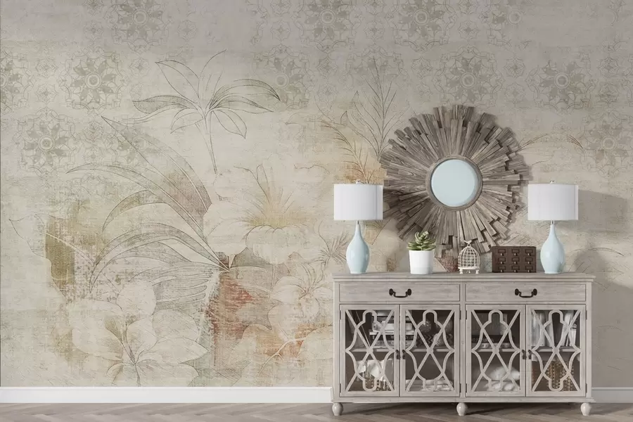 zidne murale Cvijeće i lišće na teksturiranoj pozadini s ornamentima w04343