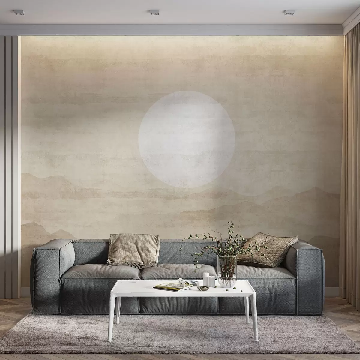 zidne murale Minimalistički planinski krajolik s velikim bijelim suncem w04345