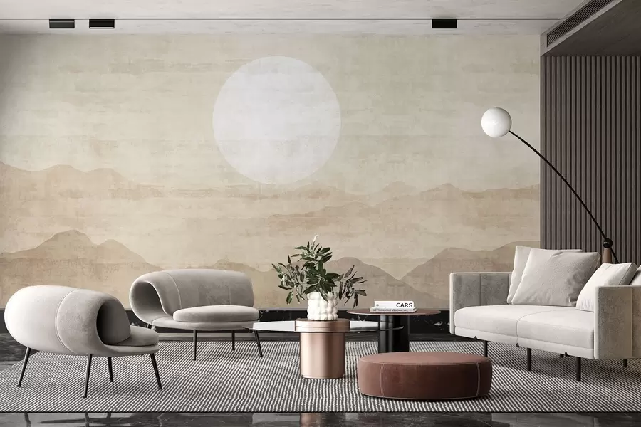zidne murale Minimalistički planinski krajolik s velikim bijelim suncem w04345