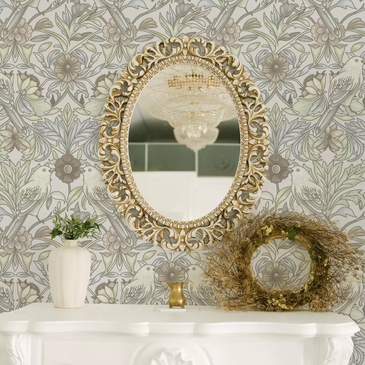 Pozadina Ptice u secesijskom stilu i pastelno stilizirano cvijeće a00385