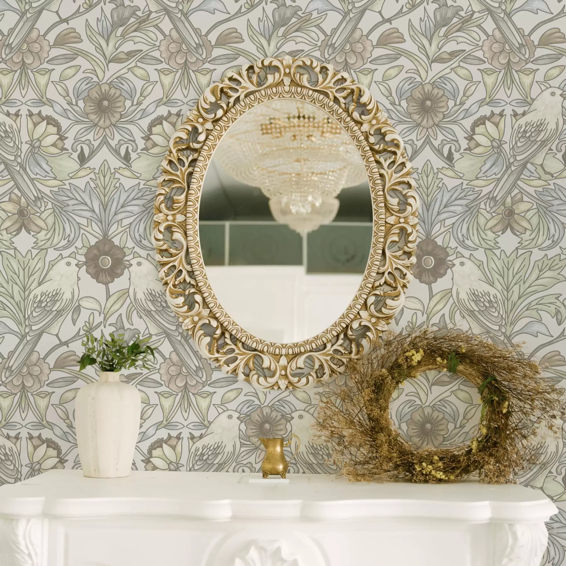 zidne murale Ptice u secesijskom stilu i pastelno stilizirano cvijeće a00385