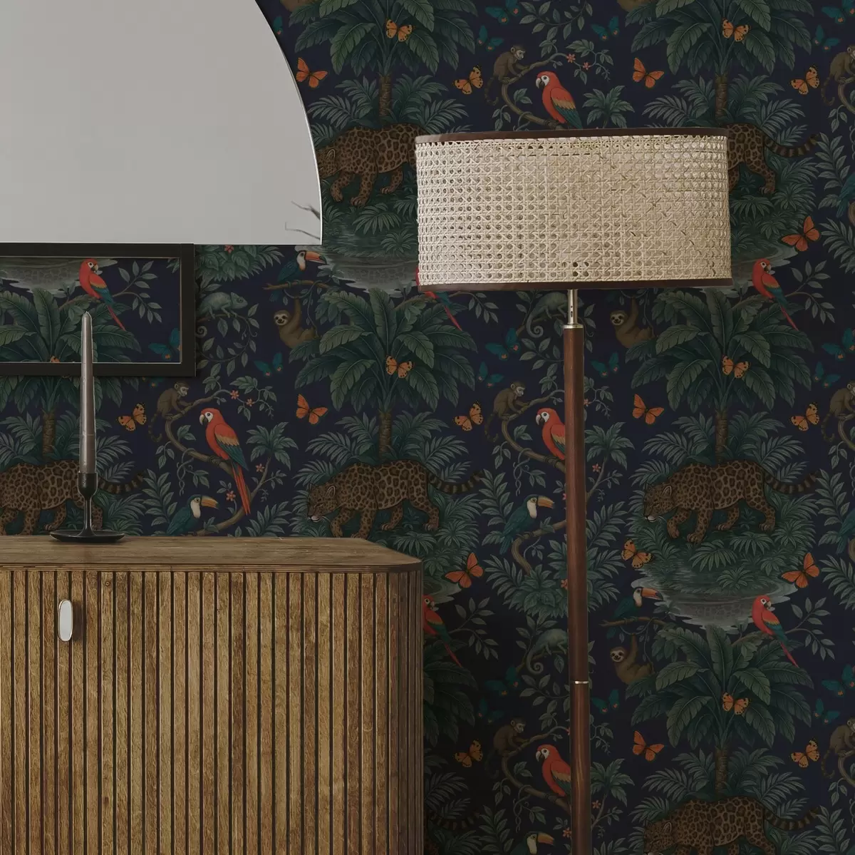 Pozadina Tropska džungla s leopardom, leopardom, papigama i leptirima a00388