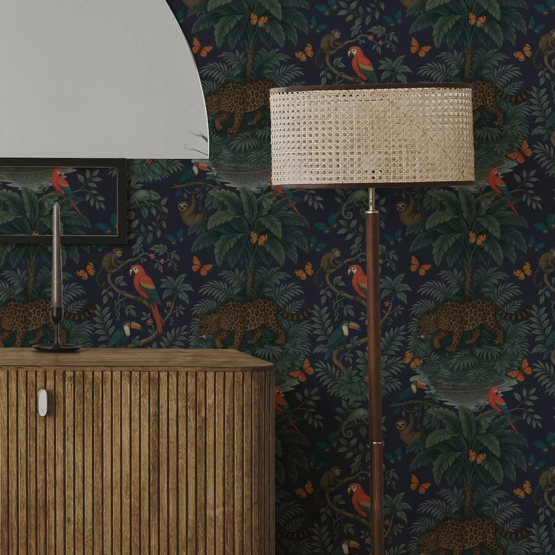 zidne murale Tropska džungla s leopardom, leopardom, papigama i leptirima a00388