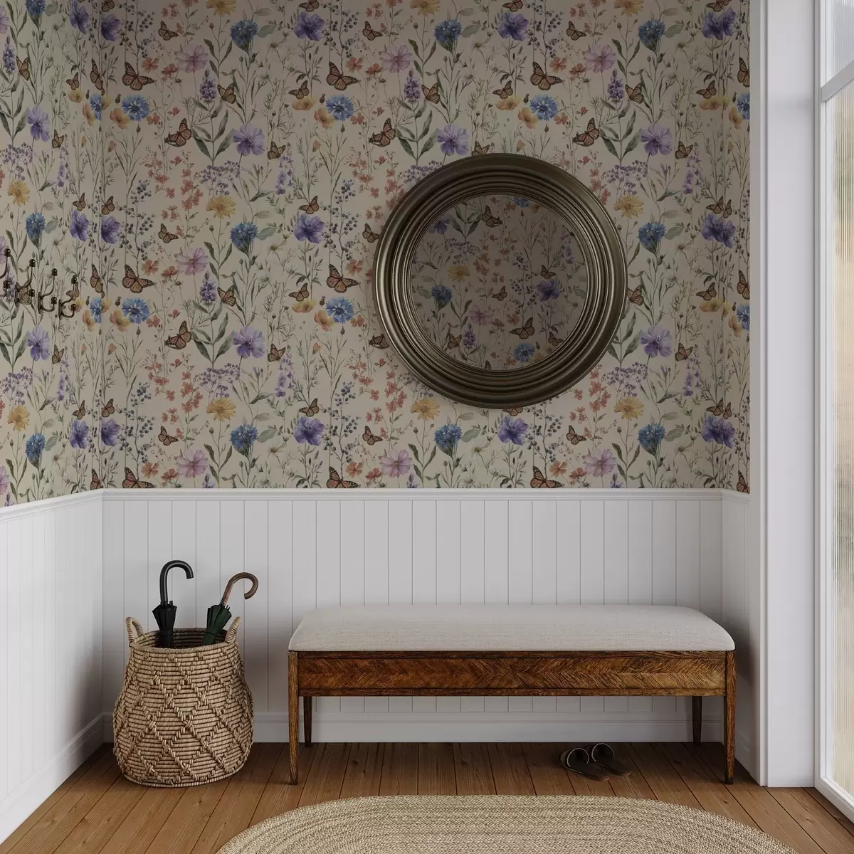 Pozadina Divlje cvijeće i leptiri u mekom akvarelnom stilu a00389