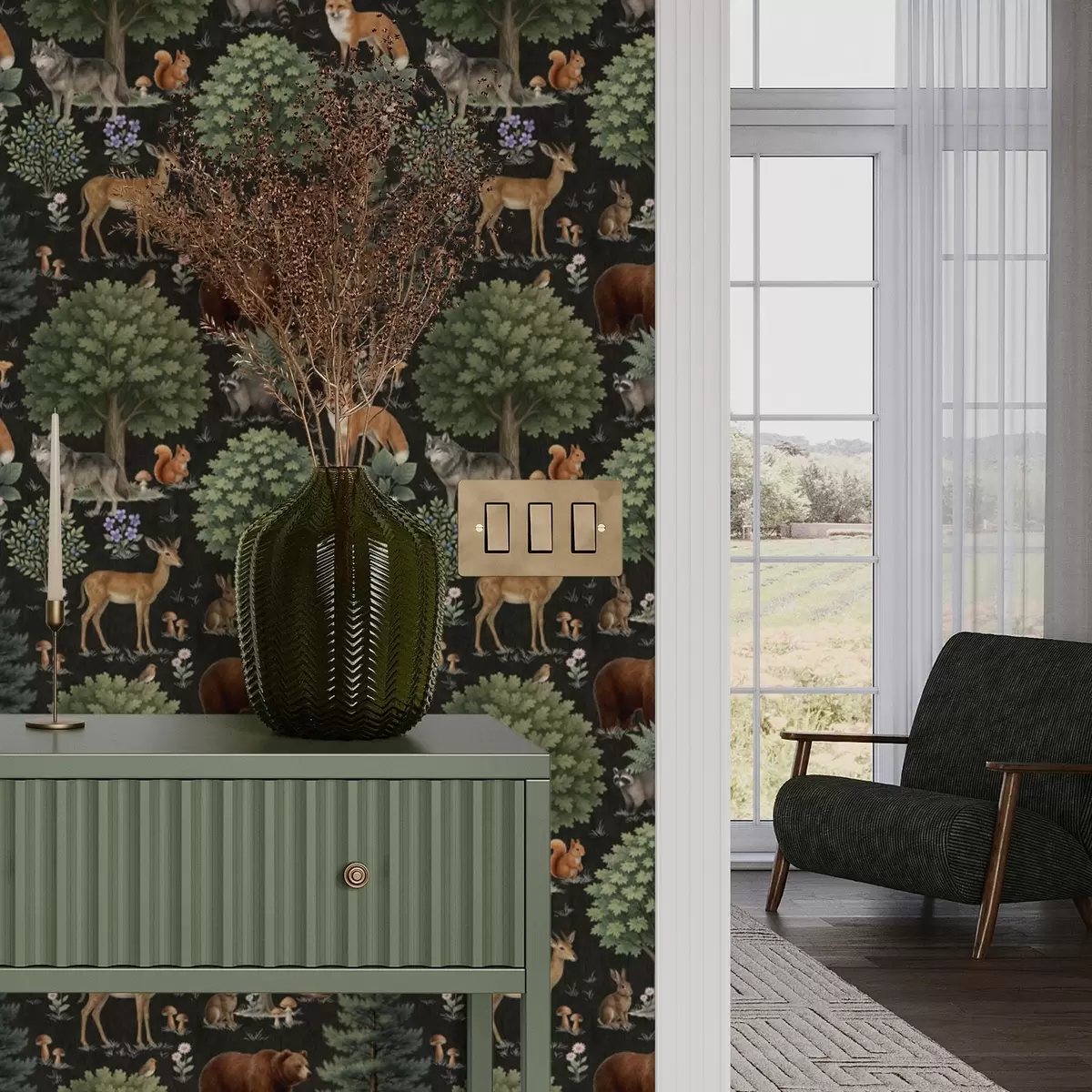 Pozadina Akvarel šumskih životinja s drvećem i gljivama a00391