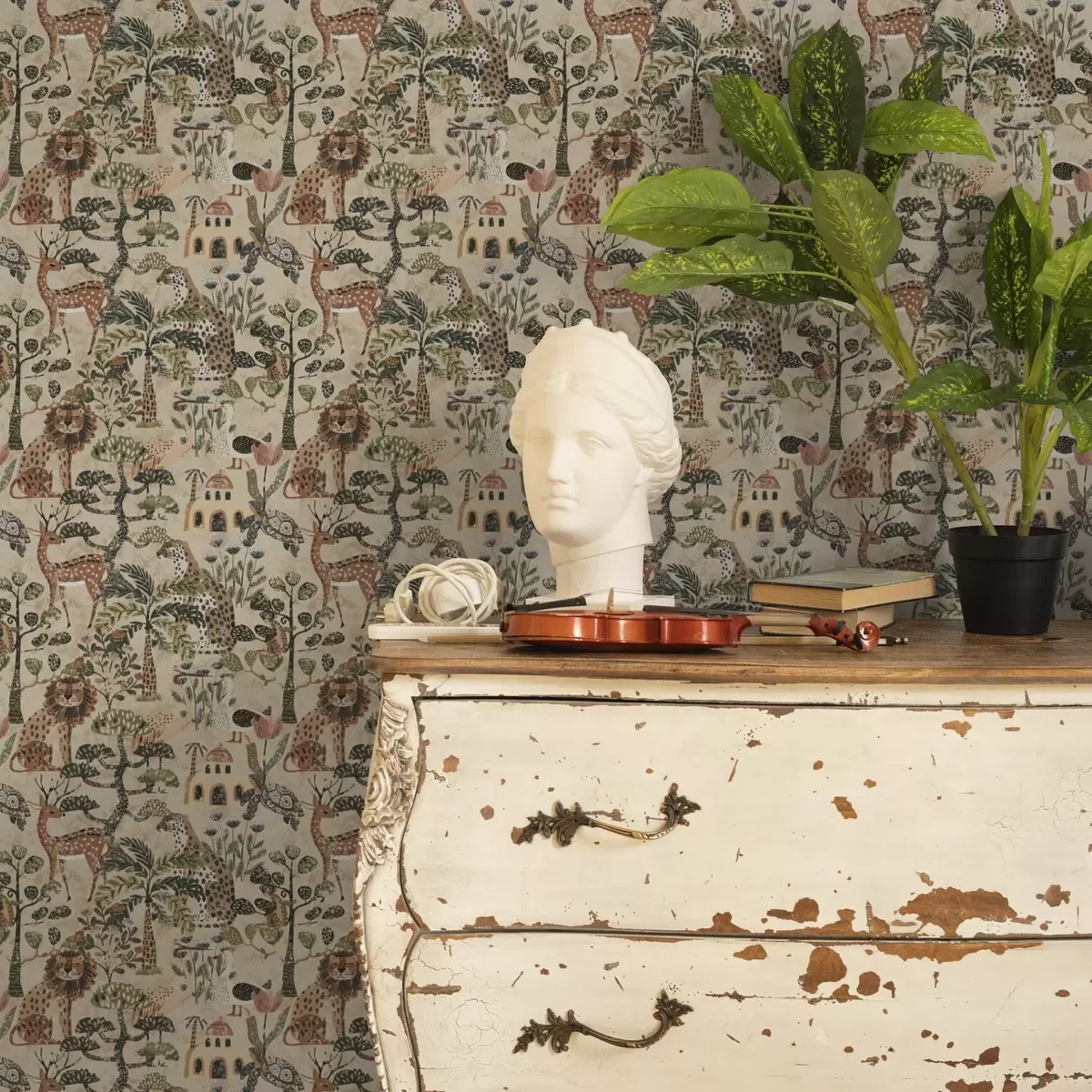 Pozadina Safari životinje i lišće savane u toplim zemljanim tonovima a00392