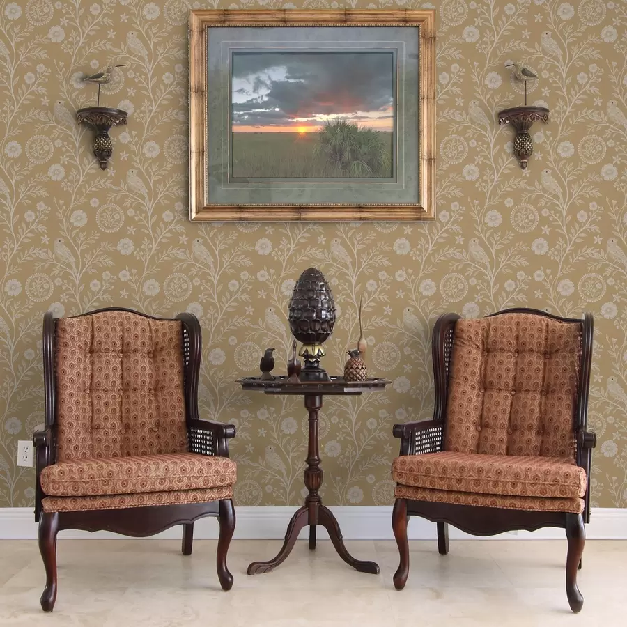 zidne murale Nježna skica bijele ptice i cvijeta bijela ptica i cvijet na oker pozadini a00393