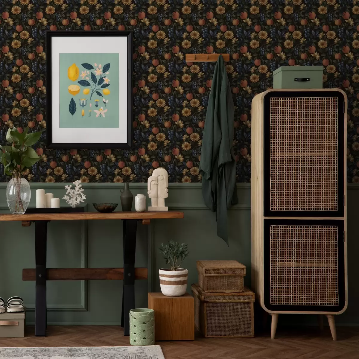 Pozadina Voće i žuto cvijeće na tamnoj botaničkoj pozadini a00395