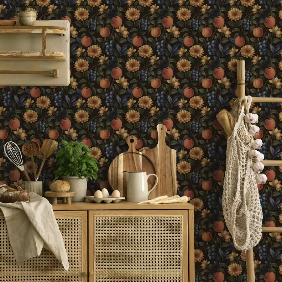 zidne murale Voće i žuto cvijeće na tamnoj botaničkoj pozadini a00395