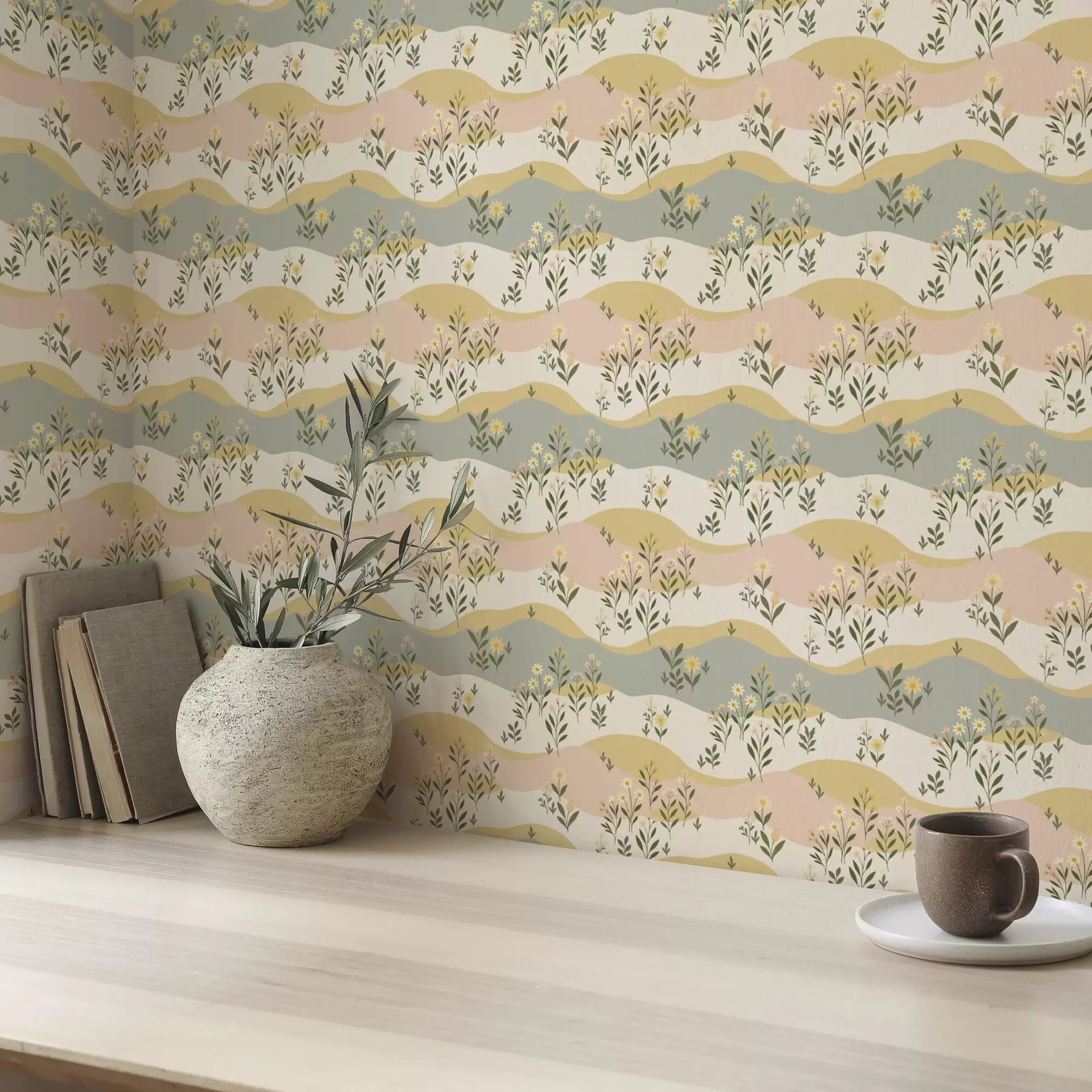zidne murale Valovito livadno cvijeće u pastelnom minimalističkom stilu a00396