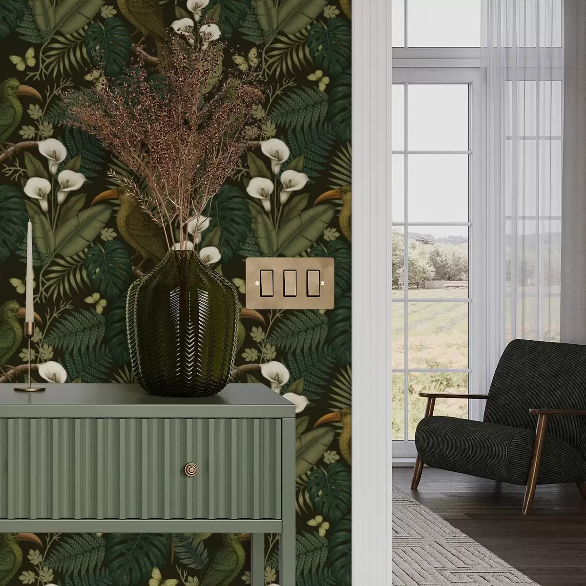 Pozadina Tropske ptice i bujno zelenilo na tamnoj pozadini džungle a00397