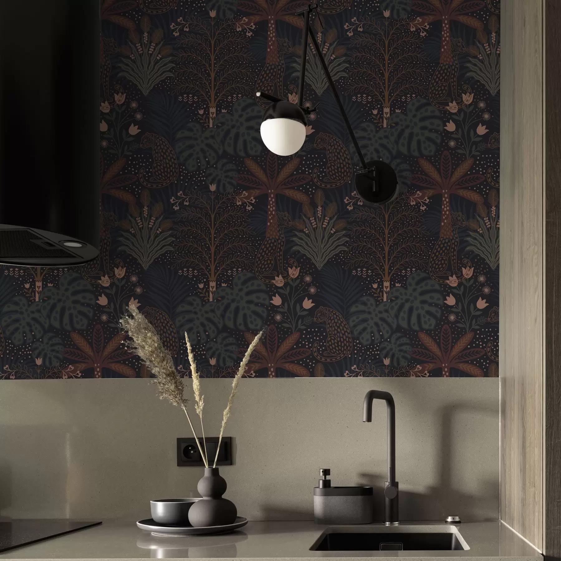 zidne murale Tamna džungla s leopardima, palmama i cvijećem a00424