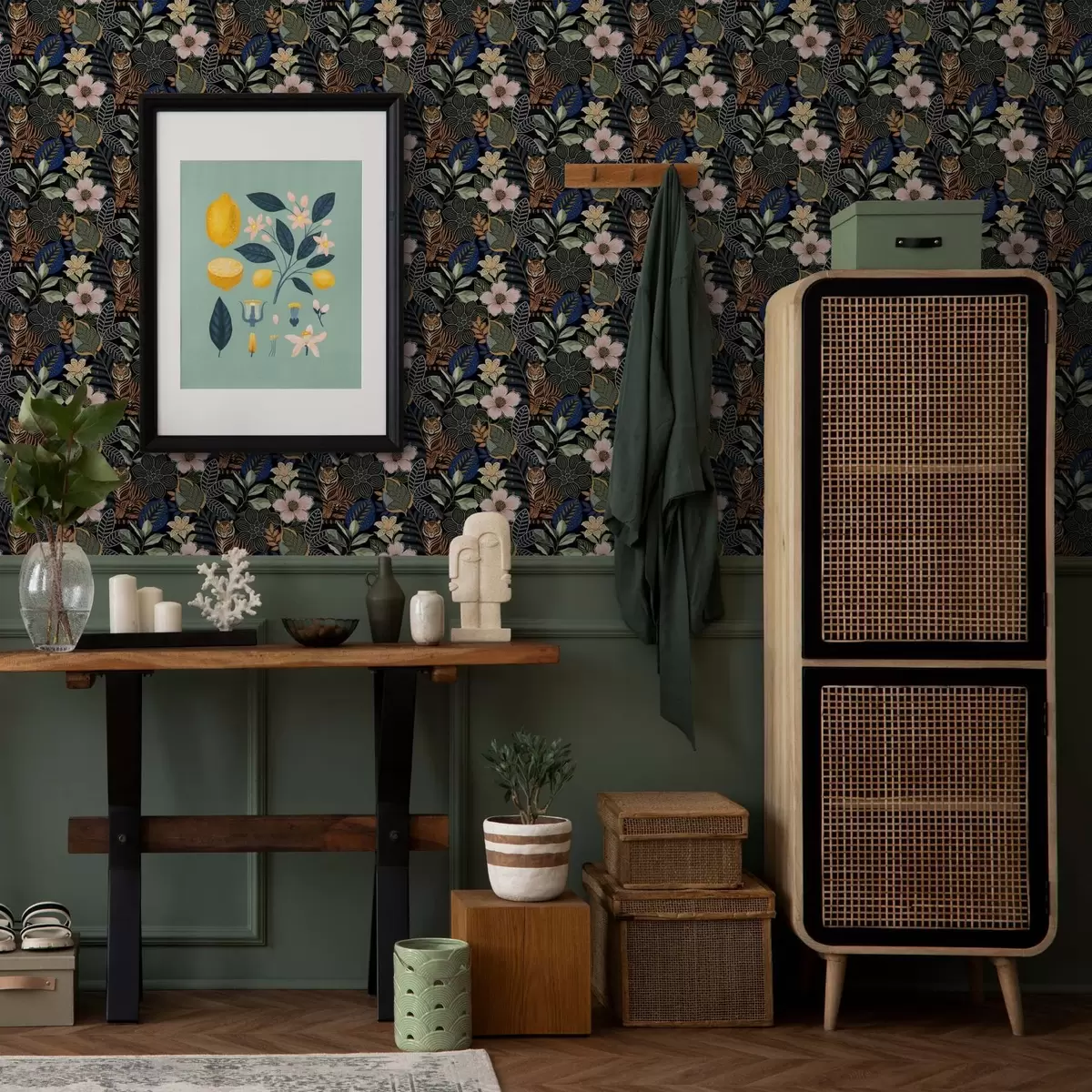 Pozadina Tigrovi među jarkim tropskim cvijećem i lišćem a00426