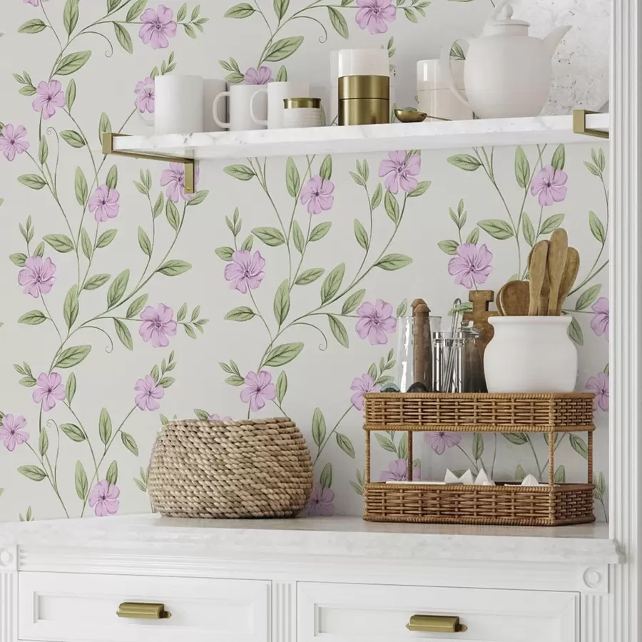 zidne murale Ružičasto cvijeće sa zelenim vinovom lozom na krem pozadini a00453