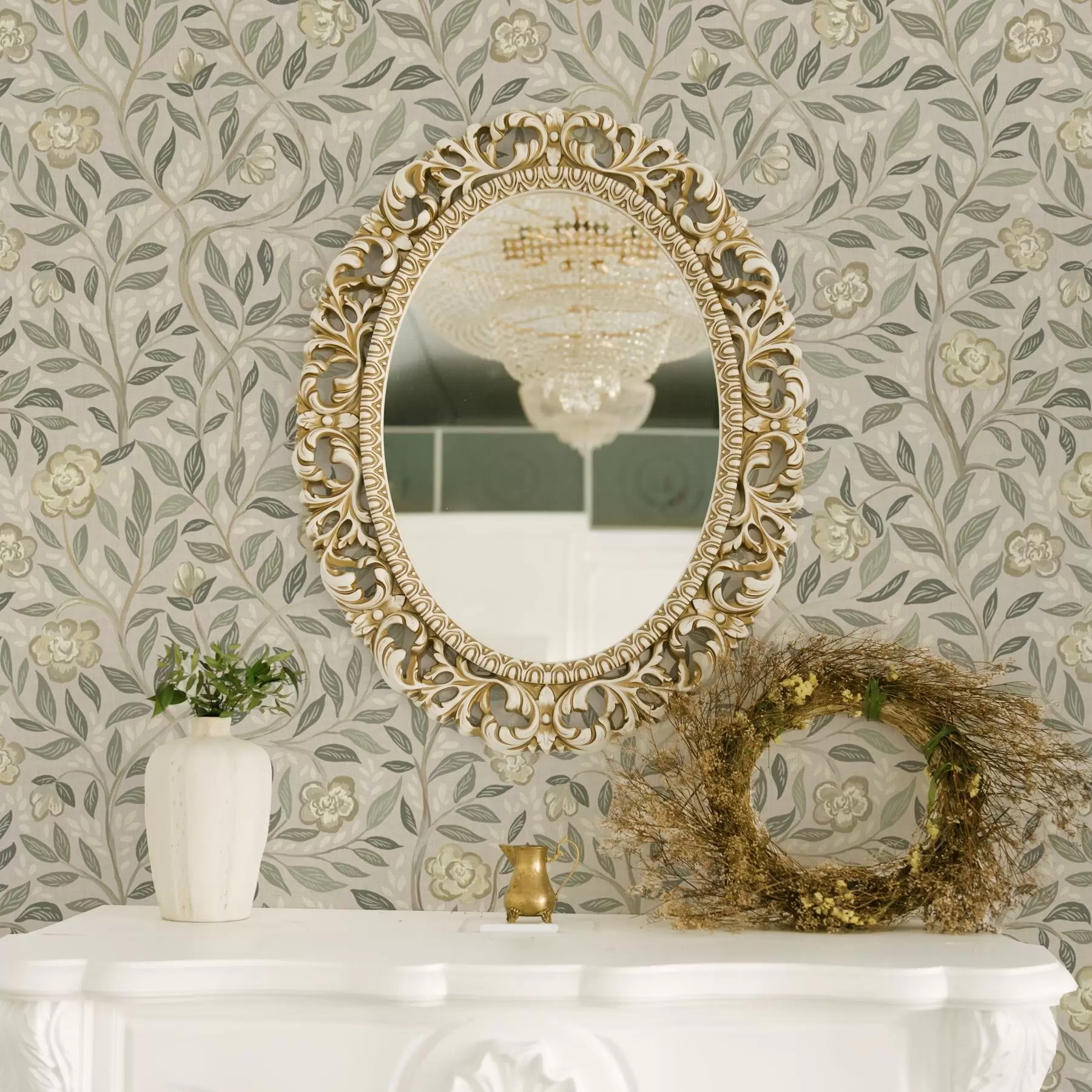 zidne murale Kremaste ruže i listovi masline na prašnjavo ružičastoj pozadini a00455