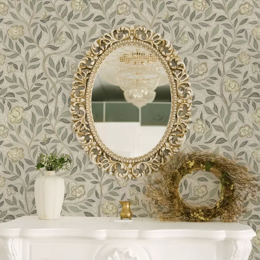 zidne murale Kremaste ruže i listovi masline na prašnjavo ružičastoj pozadini a00455