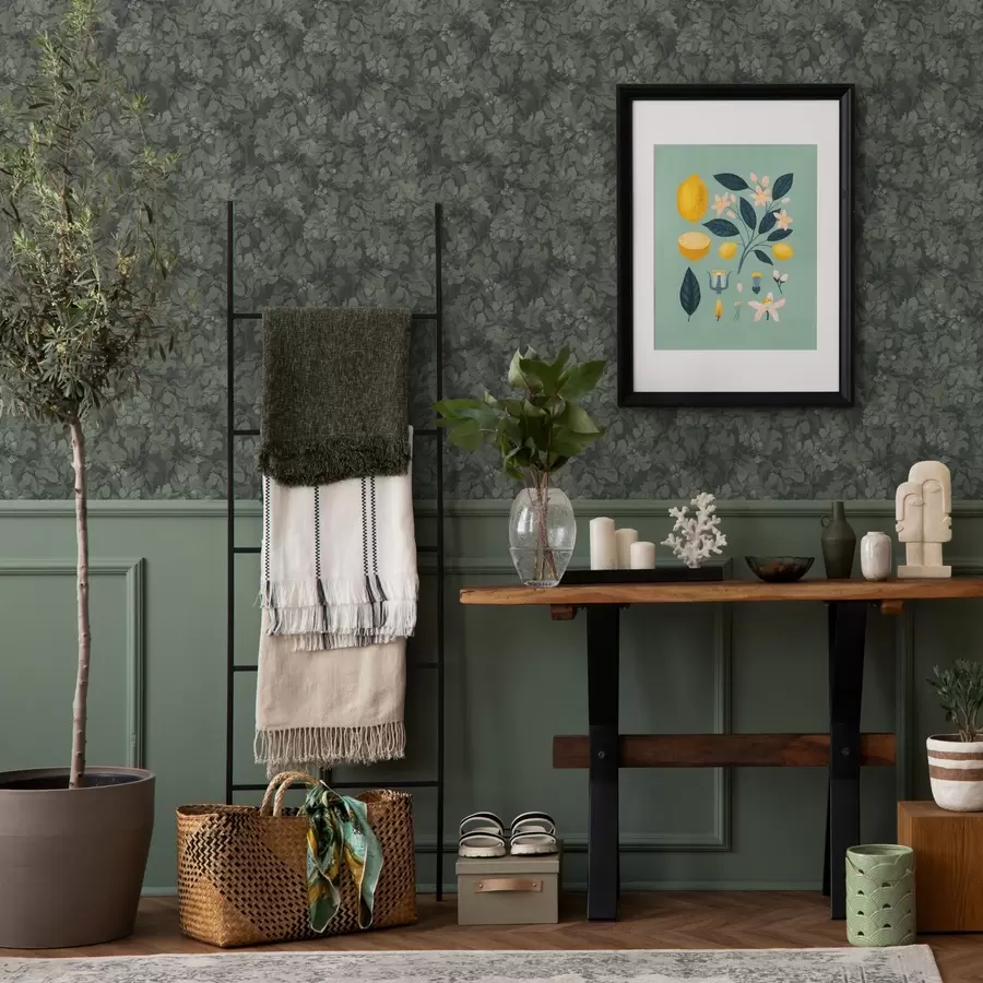 zidne murale Tamna tekstura lišća s žirovima u tamnozelenoj boji a00461