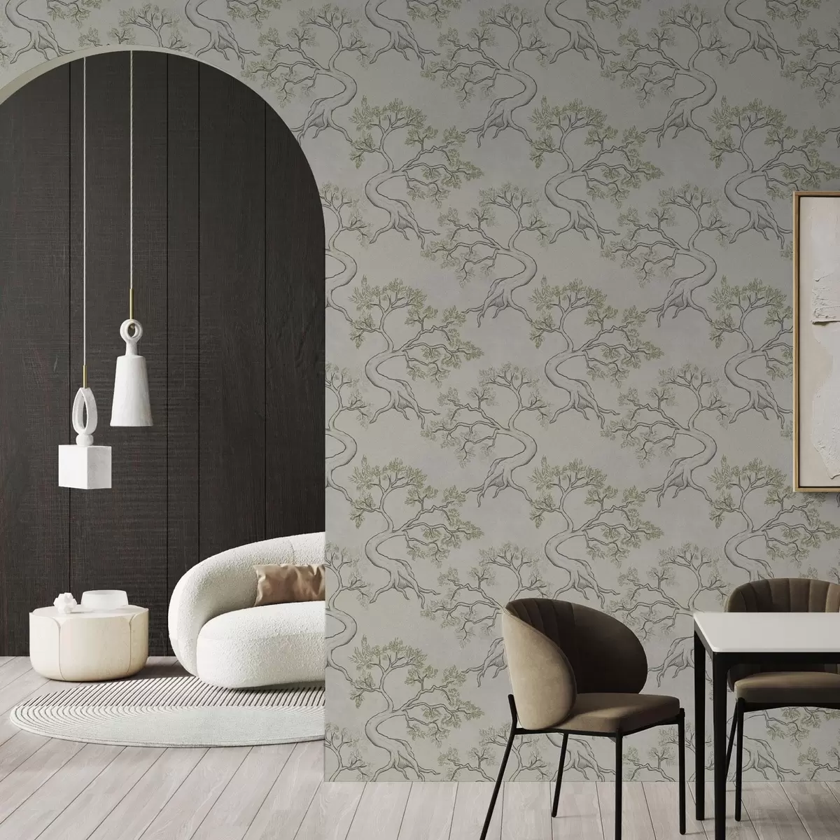 Pozadina Monokromatično drveće s otmjenim zakrivljenim deblima a00468