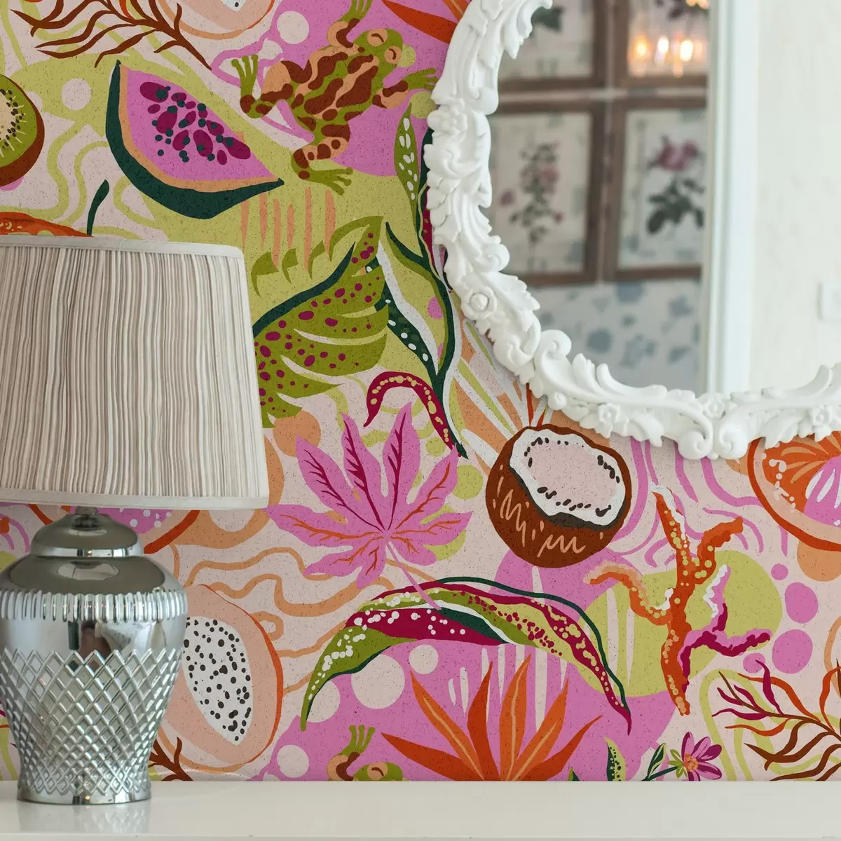 Pozadina Egzotično voće, lišće i kameleoni u tropskom stilu a00469