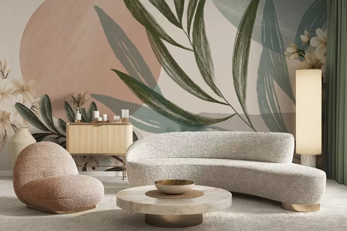 zidne murale Apstraktna botanička umjetnost sa zelenim palminim lišćem i bijelim bobicama, na pozadini oblika u prigušenim zemljanim tonovima w09312