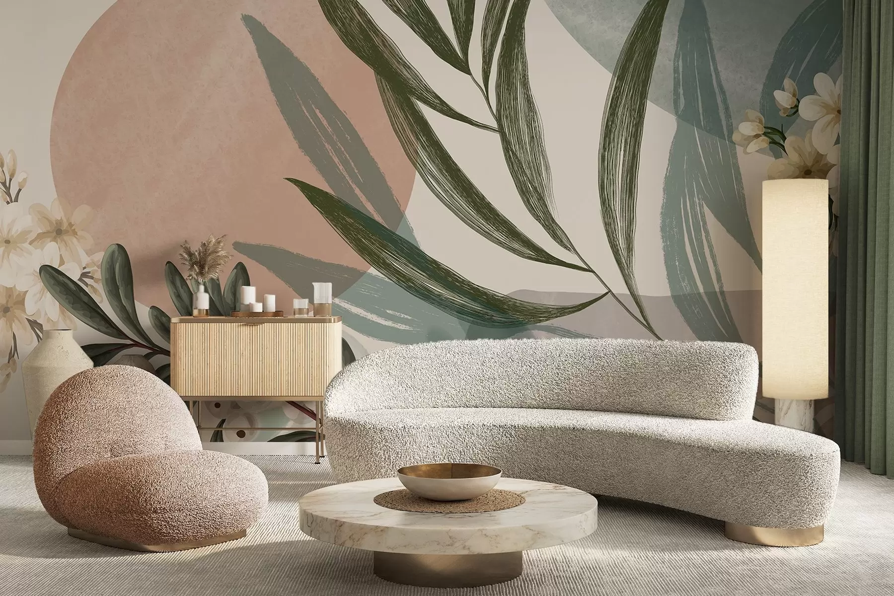 zidne murale Apstraktna botanička umjetnost sa zelenim palminim lišćem i bijelim bobicama, na pozadini oblika u prigušenim zemljanim tonovima w09312