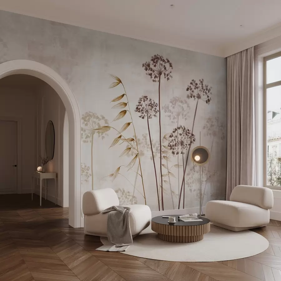 zidne murale Crtež suhog cvijeća s dugim stabljikama, monokromatska paleta, na teksturiranoj, svijetlo bež pozadini, botanička ilustracija w09314v1