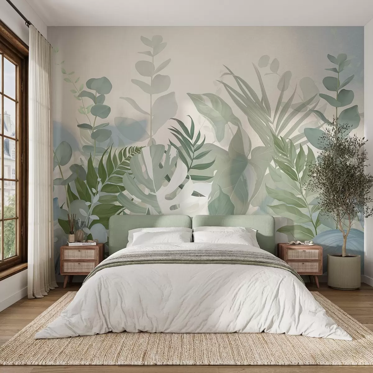 zidne murale Pastelno zelene biljke paprati, monstera i eukaliptus, svijetla teksturirana pozadina, meko osvjetljenje, mirno, botanička ilustracija w09316