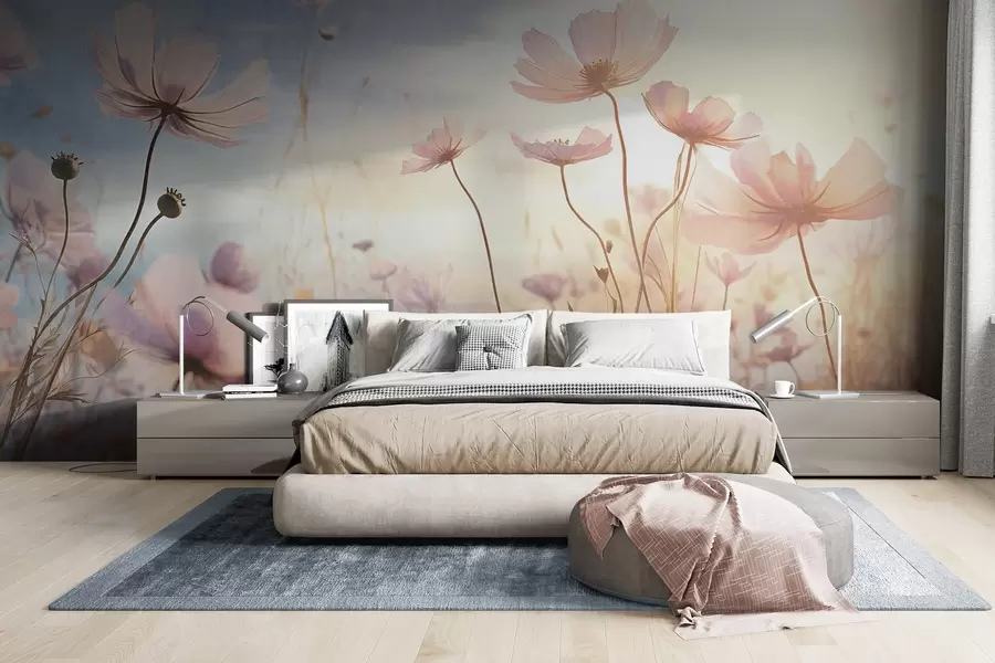 zidne murale Polje ružičastog teksturiranog cvijeća s dugim stabljikama, uz meko plavo i žuto nebo, stvara sanjivu atmosferu w09320