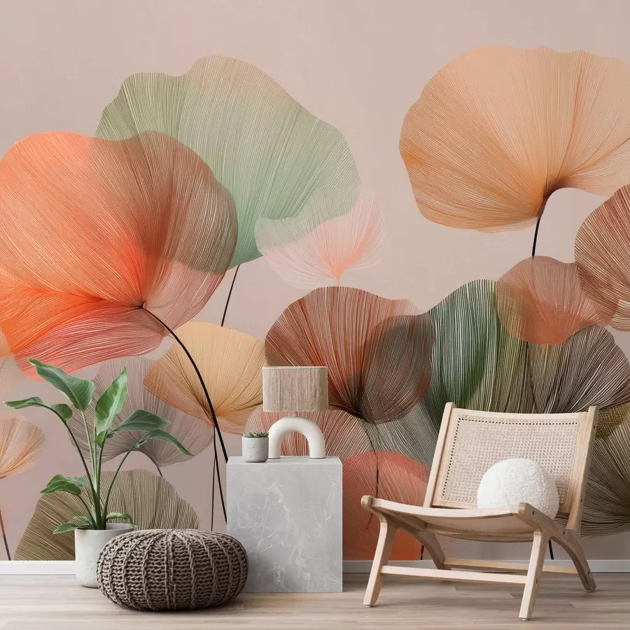 zidne murale višebojni listovi ginka s žilicama w04305