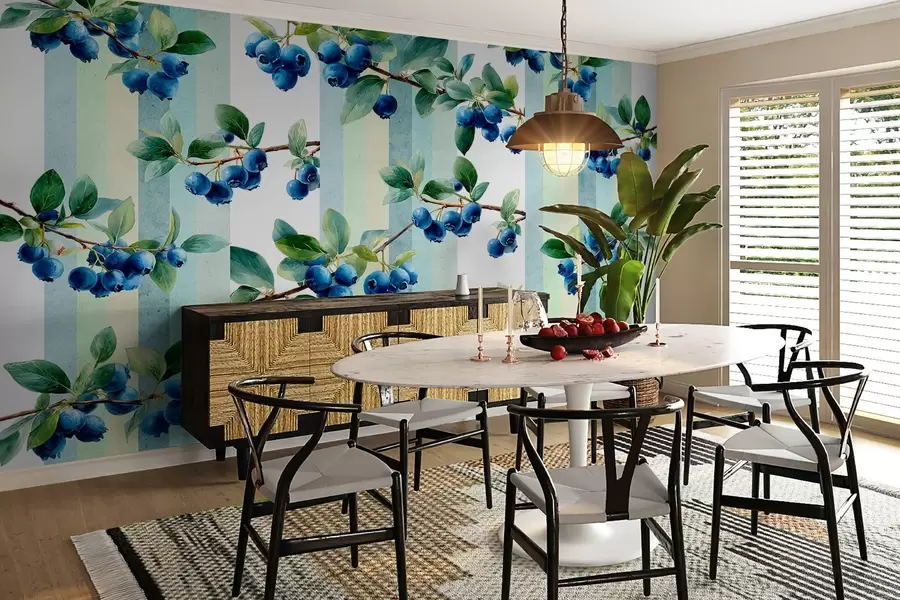 zidne murale grozdovi borovnica na prugastoj pozadini w04307