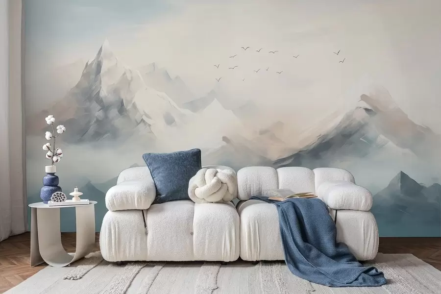 zidne murale Snijegom prekriveni planinski vrhovi u jutarnjoj magli s pticama u letu w09326