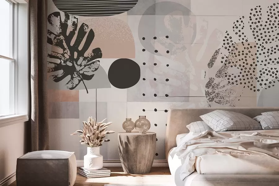 zidne murale Apstraktni print s geometrijskim oblicima i tropskim lišćem monstere, krugovima, točkicama i linijama, moderan i minimalistički dizajn w09333