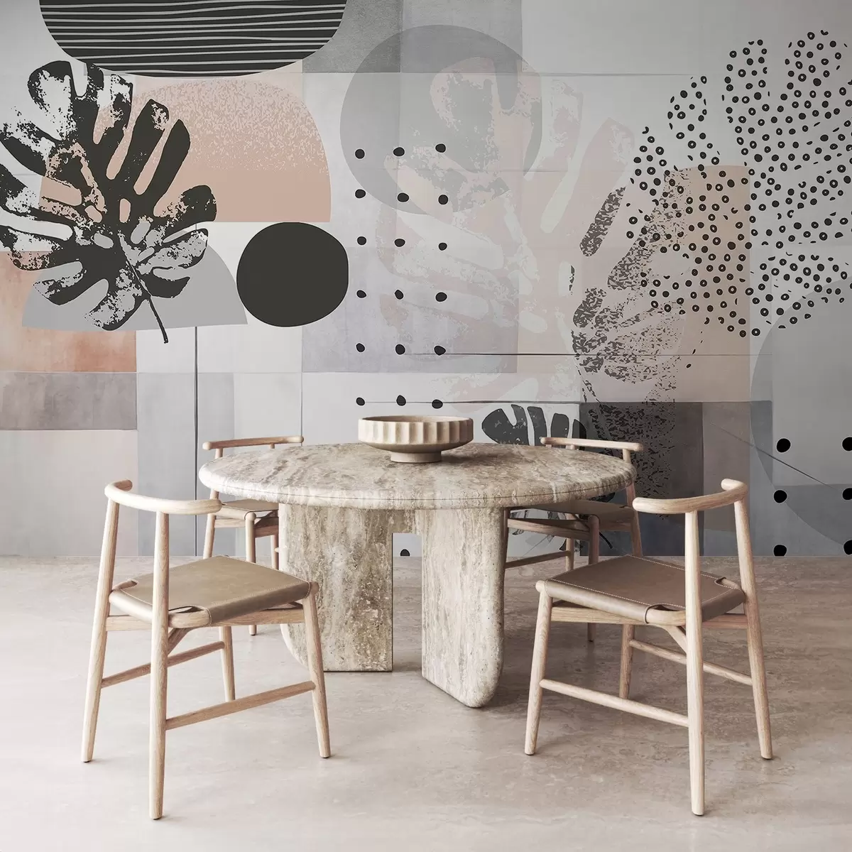 zidne murale Apstraktni print s geometrijskim oblicima i tropskim lišćem monstere, krugovima, točkicama i linijama, moderan i minimalistički dizajn w09333