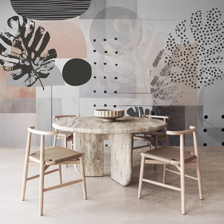 zidne murale Apstraktni print s geometrijskim oblicima i tropskim lišćem monstere, krugovima, točkicama i linijama, moderan i minimalistički dizajn w09333
