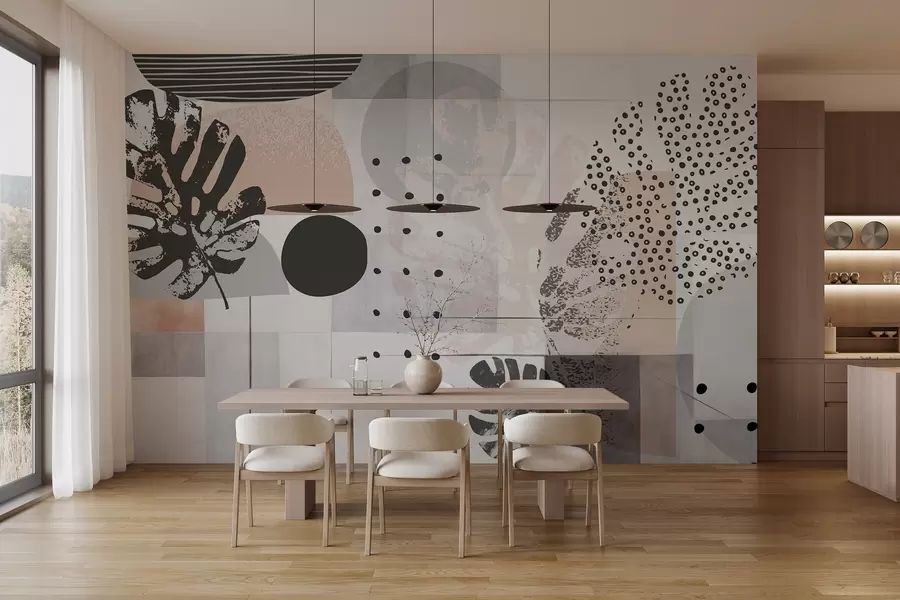 zidne murale Apstraktni print s geometrijskim oblicima i tropskim lišćem monstere, krugovima, točkicama i linijama, moderan i minimalistički dizajn w09333