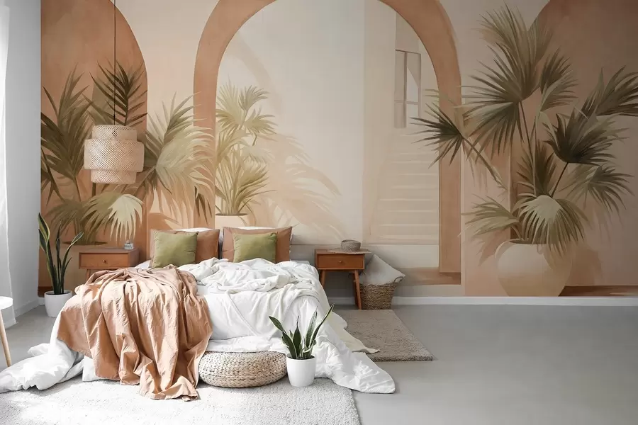 zidne murale Teksturirani lukovi s biljkama u teglama, svijetlo bež paleta boja, minimalistički dizajn, stubište u pozadini w09339