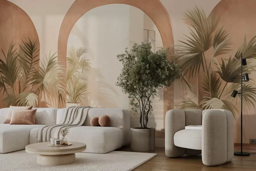 zidne murale Teksturirani lukovi s biljkama u teglama, svijetlo bež paleta boja, minimalistički dizajn, stubište u pozadini w09339