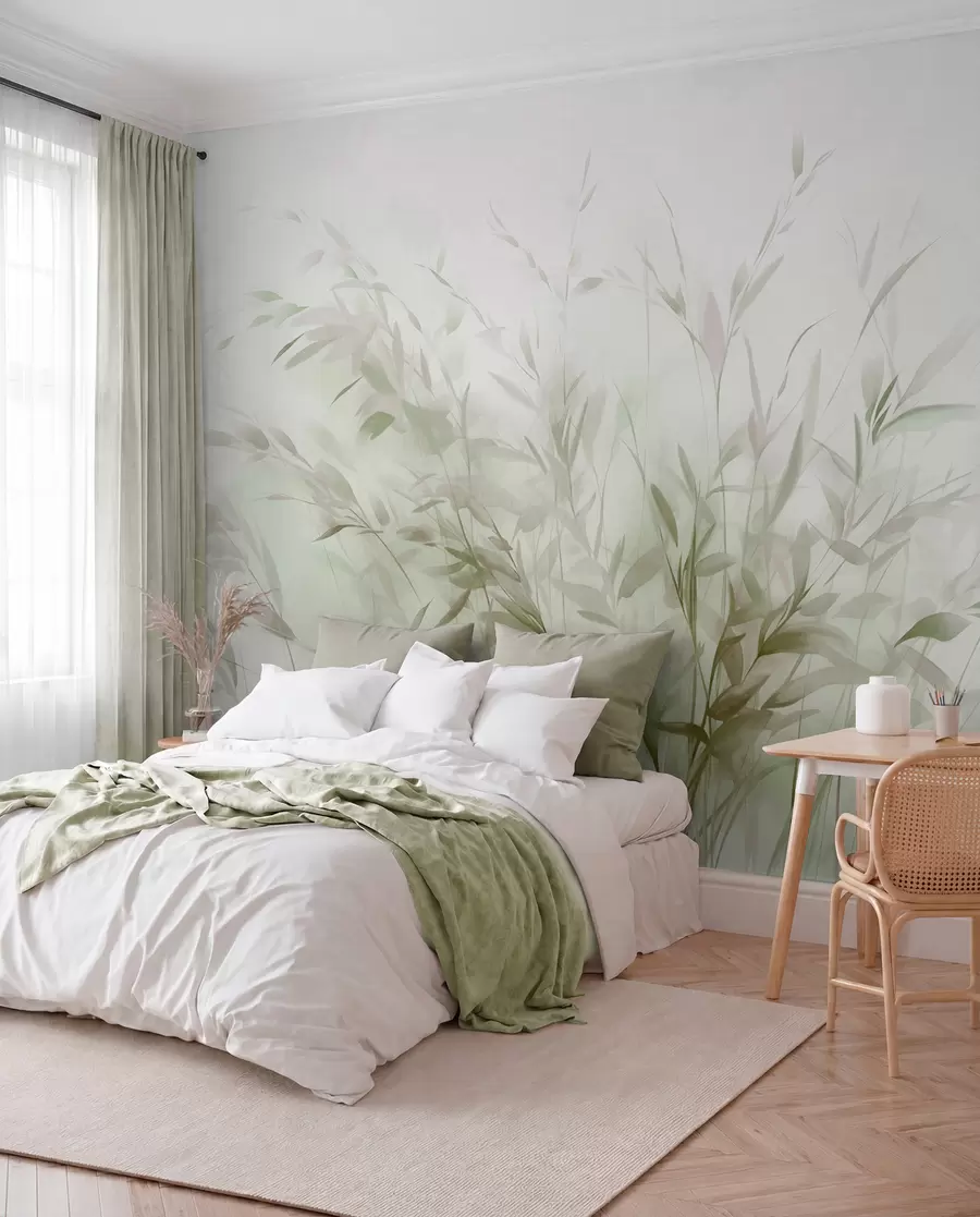 zidne murale Trava i korov s tankim lišćem i stabljikama, svijetlozelene i smeđe boje, meki i nježni potezi kistom, minimalistički print w09342