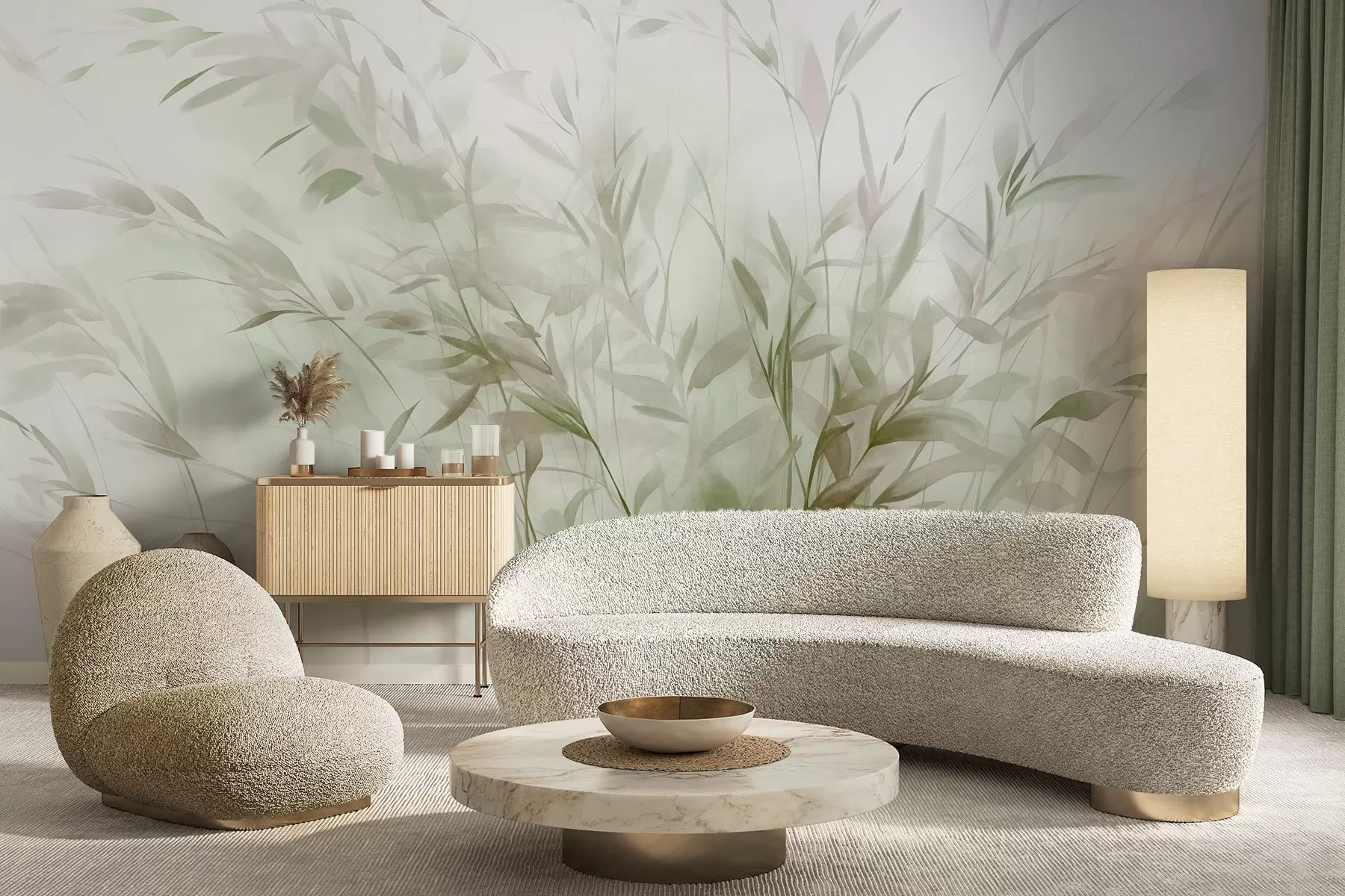 zidne murale Trava i korov s tankim lišćem i stabljikama, svijetlozelene i smeđe boje, meki i nježni potezi kistom, minimalistički print w09342