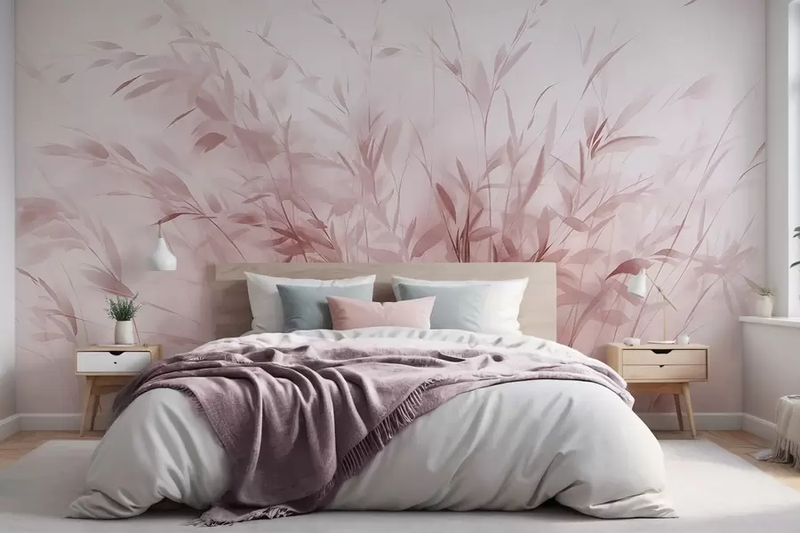 zidne murale Trava i korov s tankim lišćem i stabljikama, svijetlo ružičaste boje, meki i nježni potezi kistom, minimalistički print w09342v2