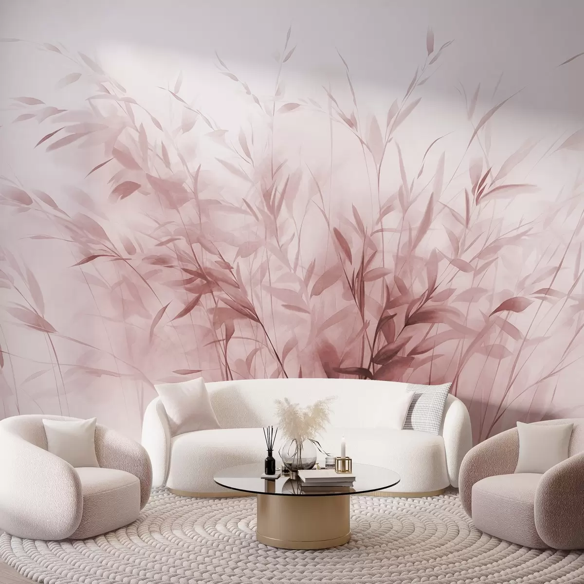 zidne murale Trava i korov s tankim lišćem i stabljikama, svijetlo ružičaste boje, meki i nježni potezi kistom, minimalistički print w09342v2